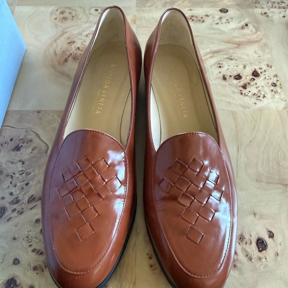 Vintage Bottega Veneta Cognac Woven Leather Loafers